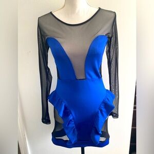 Large blue dress with sheer sleeves and cut out ruffle bottom